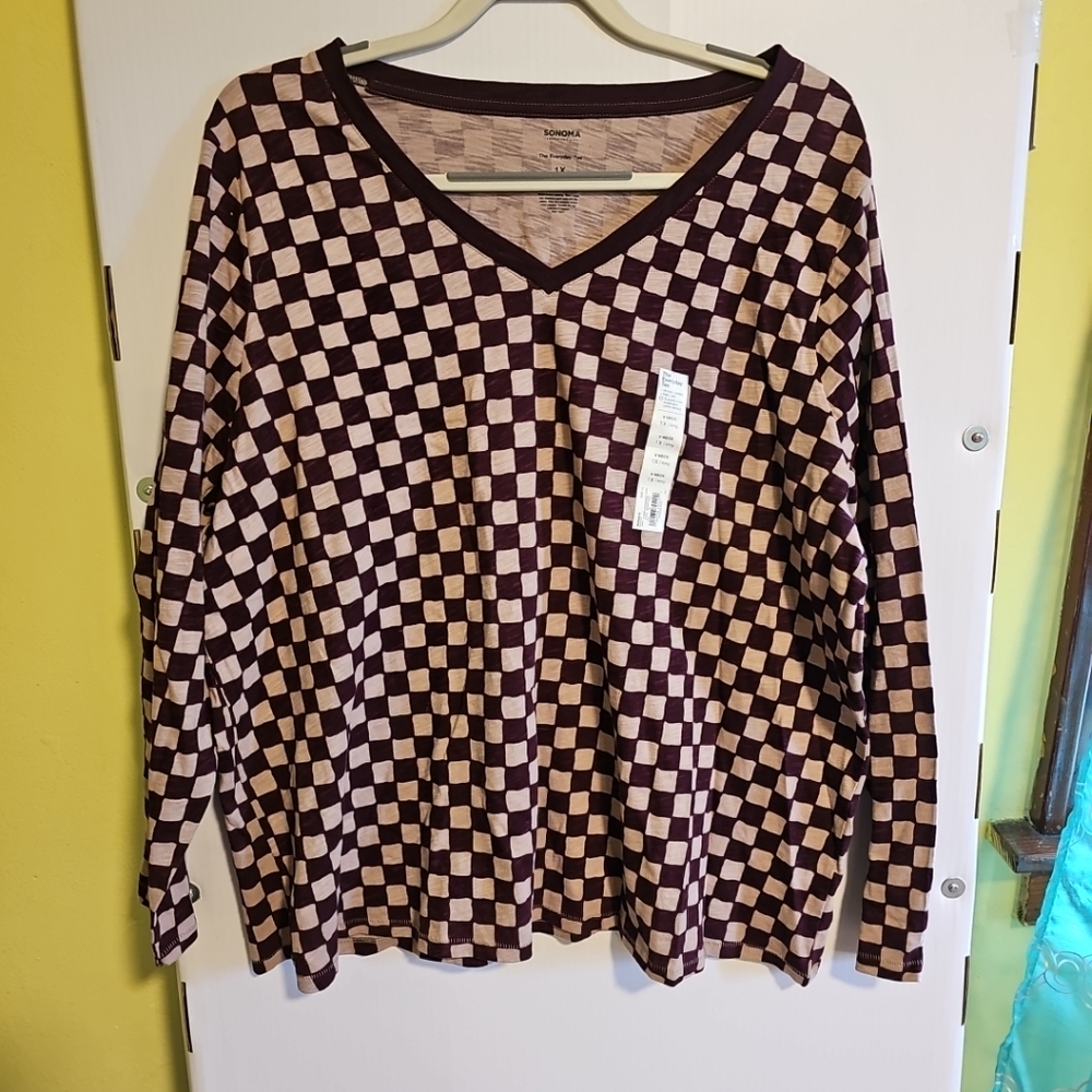 NWT Women's 1X Sonoma The Everyday Tee Longsleeve V Neck Checkered Berry Shirt